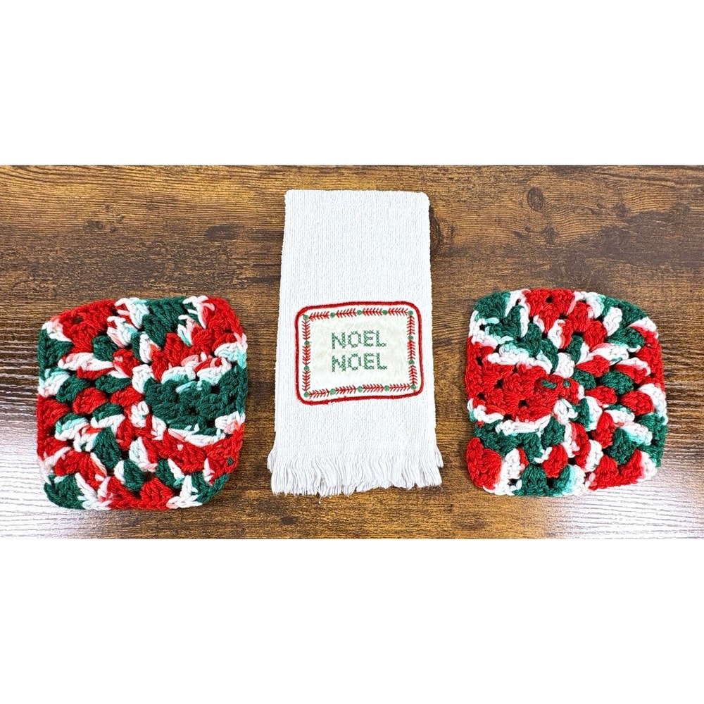 Christmas Noel 3pc Set: Embroidered Tea Towel 17x11 & 2 Crocheted pads 6x6 I-577